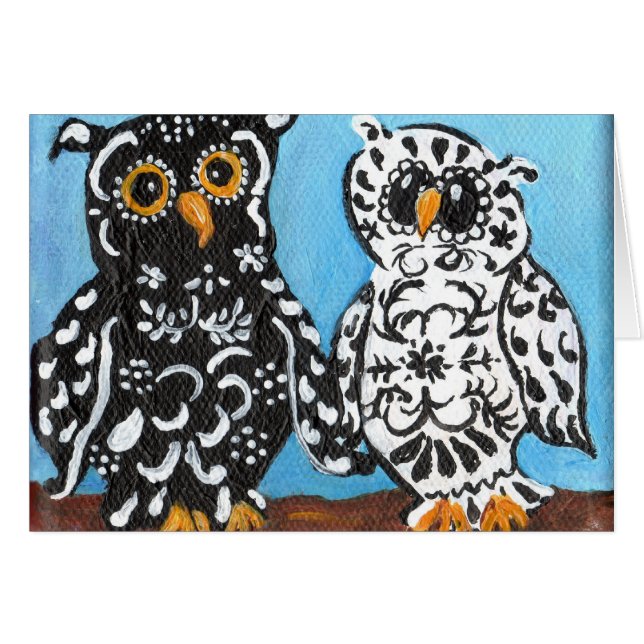 Svart- & vitdamastugglor hälsningskort (Framsidan Horizontal)