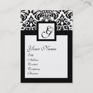SVART VITE DAMASK BLOMMIGT SQUARE MONOGRAM Metalli Visitkort