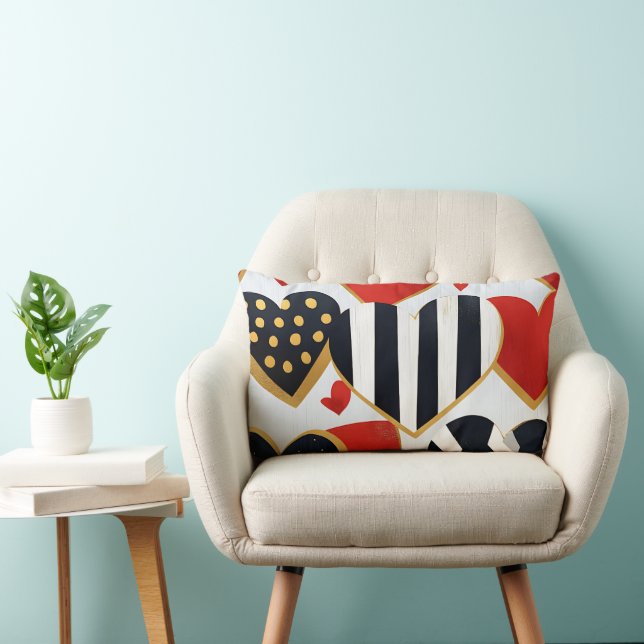 SVART VITE RED GULD MODERN VALENTINHJÄRTA LUMBARKUDDE (Stol)