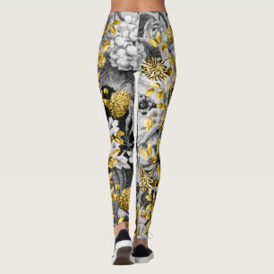 Svart vitgrått tonar guld- blom- Toile Leggings