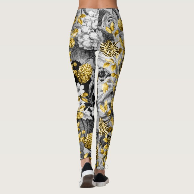 Svart vitgrått tonar guld- blom- Toile Leggings (Baksida)