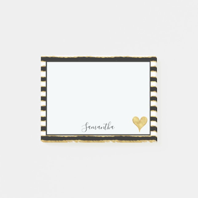 Svart vitguld görar randig hjärta post-it block (Framsida)