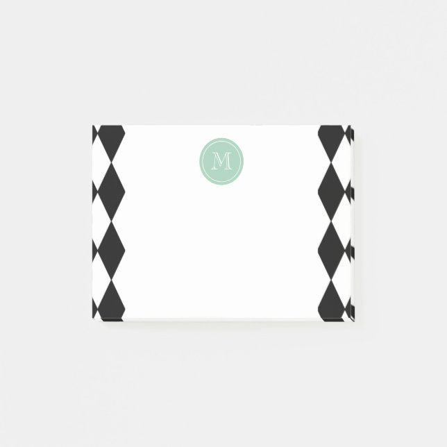 Svart vitHarlequinmönster, grön Monogram för Mint Post-it Block (Framsida)