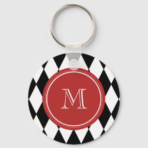 Svart vitHarlequinmönster, röd Monogram Nyckelring
