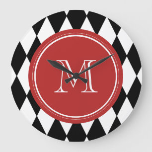 Svart vitHarlequinmönster, röd Monogram Stor Klocka