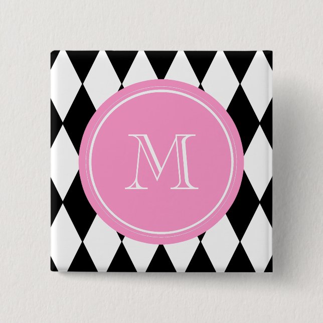 Svart vitHarlequinmönster, rosa Monogram Knapp (Framsida)