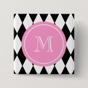 Svart vitHarlequinmönster, rosa Monogram Knapp