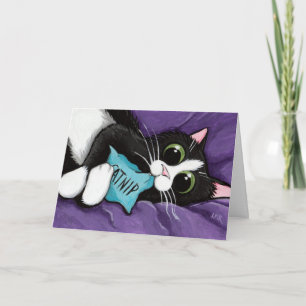 Svart- & vitkatten med catnipen kudder - kattkonst kort