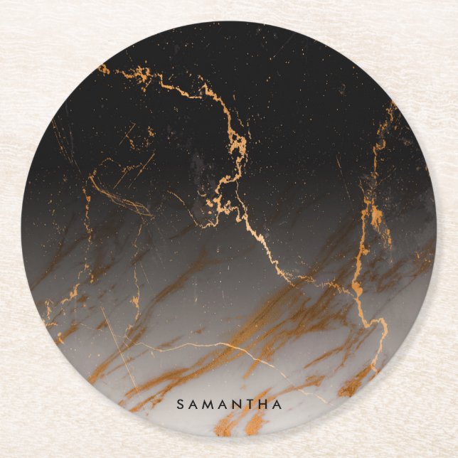 Svart- & vitmarmor underlägg papper rund (Framsidan)