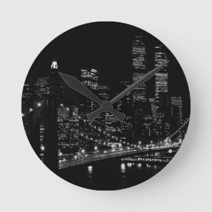 Svart- & vitNew York City natt Rund Klocka