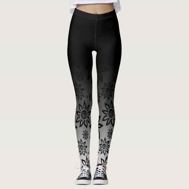 Svart- & vitOmbre blom- grafiskt mönster Leggings (Framsida)