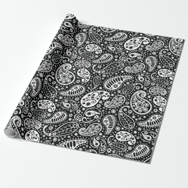 Svart- & vitPaisley blommigt Presentpapper (Utrullad)