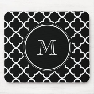 Svart vitQuatrefoil mönster, din Monogram Musmatta