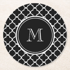 Svart vitQuatrefoil mönster, din Monogram Underlägg Papper Rund