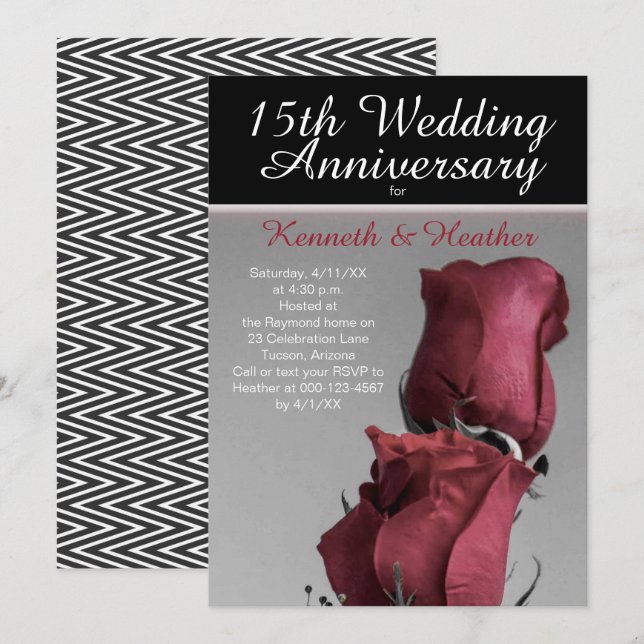 Svart Vitt 15-års bröllopsdag röda rosor Inbjudningar (Fram/baksida)