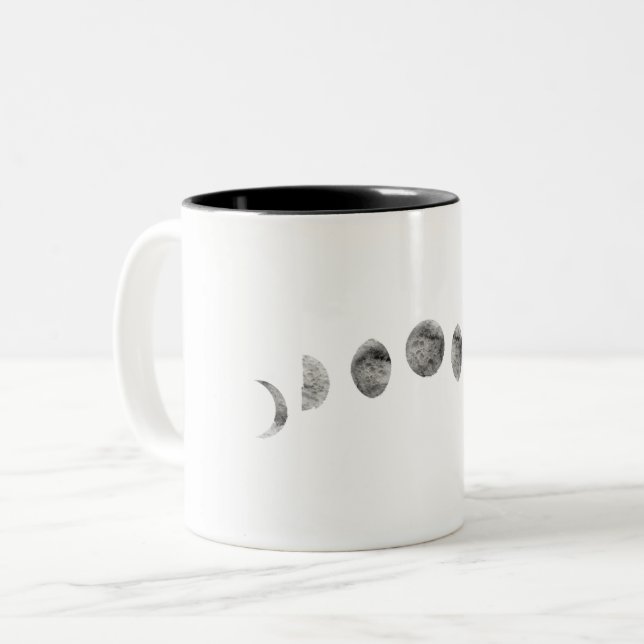 Svart Vitt Akvarell Månfaser Modern Minimalism Två-Tonad Mugg (Framsida vänster)