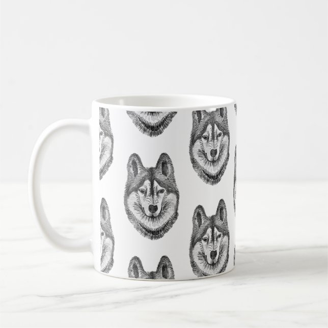 Svart & Vitt Bläck & Akvarell Siberian Husky Kaffemugg (Vänster)