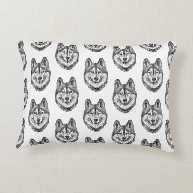 Svart & Vitt Bläck & Akvarell Siberian Husky Prydnadskudde (Baksidan)