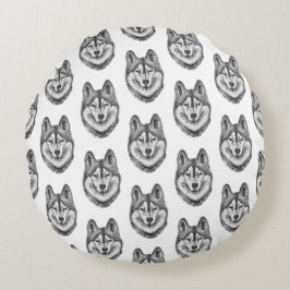 Svart & Vitt Bläck & Akvarell Siberian Husky Rund Kudde