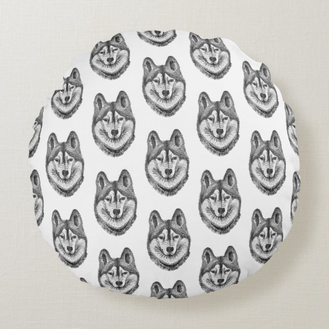 Svart & Vitt Bläck & Akvarell Siberian Husky Rund Kudde (Framsidan)