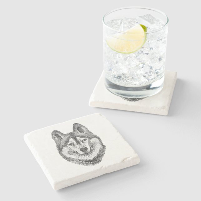 Svart & Vitt Bläck & Akvarell Siberian Husky Stenunderlägg (Sidan)