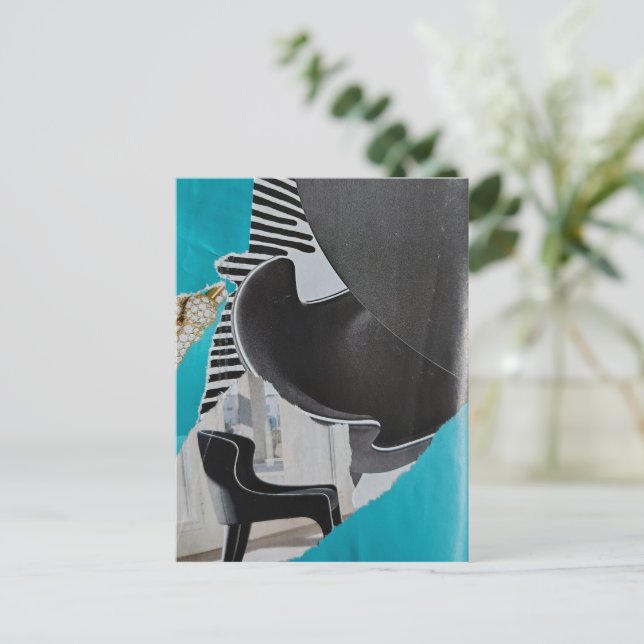 Svart Vitt Blått Piano och Stol collage vykort (Stående Fram)