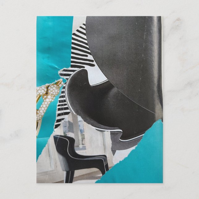 Svart Vitt Blått Piano och Stol collage vykort (Framsida)