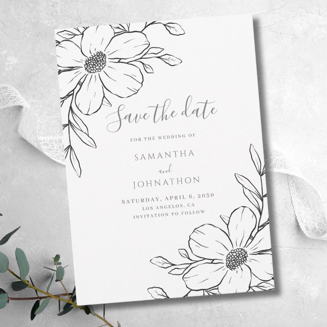 Svart Vitt Blommigt Linjeteckning Bröllop  Spara Datumet (Skapare uppladdad)