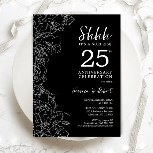 Svart Vitt Blommigt Överraskning 25-årsjubileum Inbjudningar