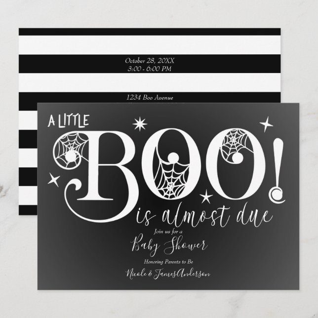 Svart & Vitt BOO Elegant Bebis-fest Inbjudningar (Fram/baksida)