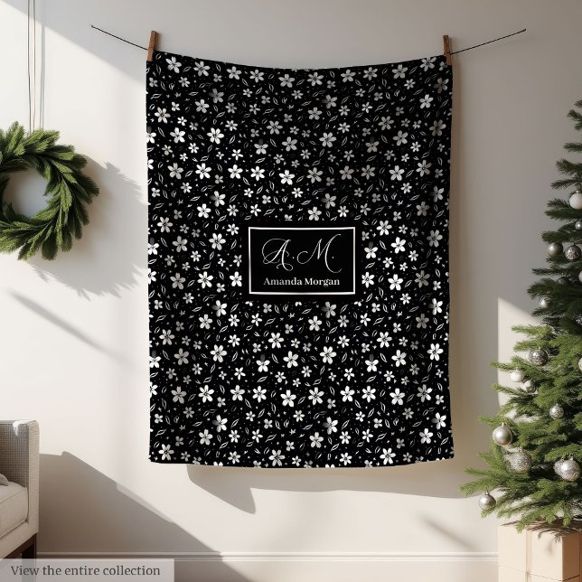 Svart Vitt Botaniskt Personligt Minimatfilt Fleecefilt (Black White Botanical Blanket Personalized Minimal)