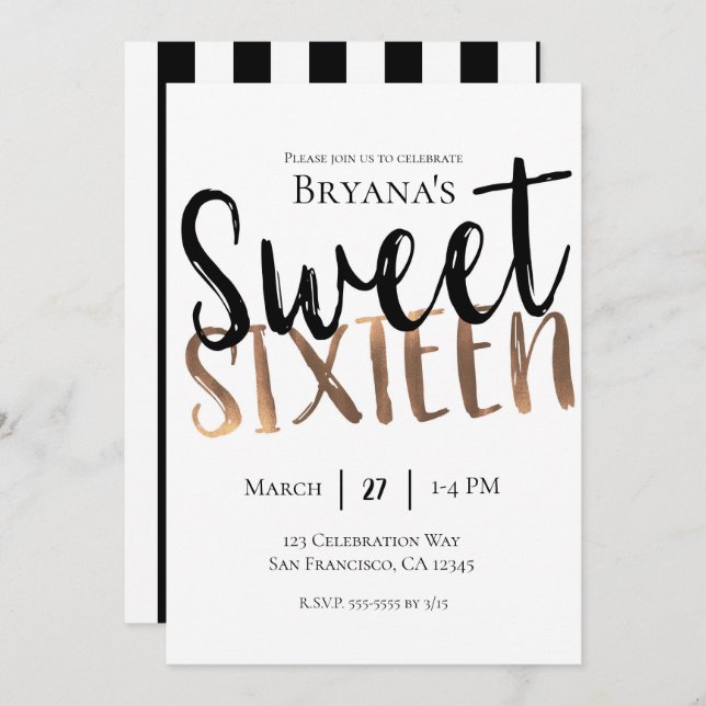 Svart Vitt Brons Modern Sweet 16 SEXTON Festa Inbjudningar (Fram/baksida)