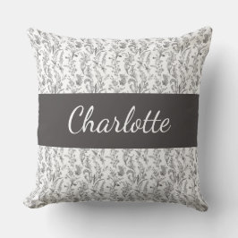 Svart Vitt Chic Toile Blommig Anpassat Namn Kudde