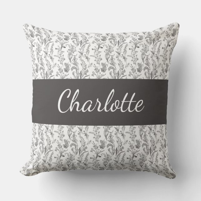 Svart Vitt Chic Toile Blommig Anpassat Namn Kudde (Framsida)
