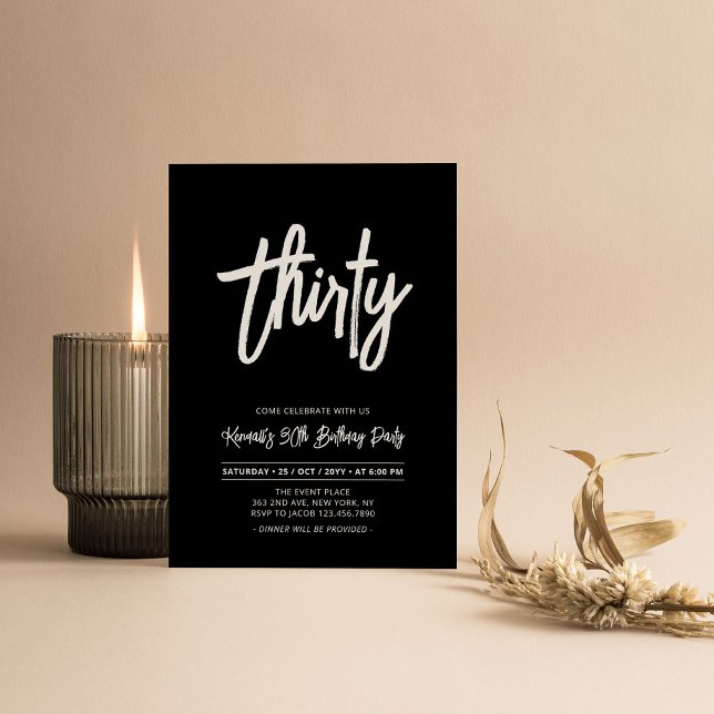 Svart & Vitt | Chic Trettio 30-års Födelsedagsfest Inbjudningar (Skapare uppladdad)
