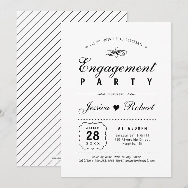 Svart & Vitt | Elegant Förlovningsparty Inbjudningar (Fram/baksida)