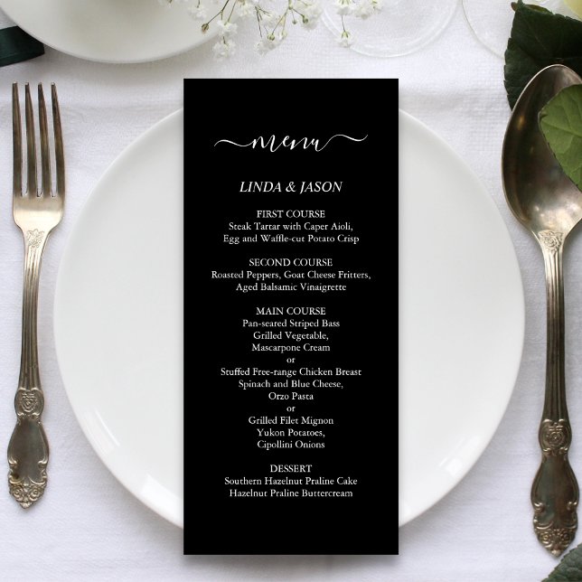 Svart & Vitt Elegant Modernt Minimalistiskt Bröllo Meny (Black and white modern minimalist menu adds elegant clarity while guiding guests at weddings.)