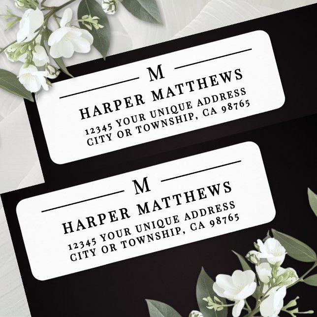 Svart Vitt Enkelt Monogram Returadress Etikett (Black White Simple Monogram Return Address Label )