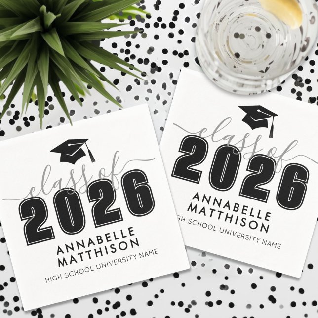 Svart Vitt Examen Pappersservett (Graduate Simple Black White Graduation Napkins)