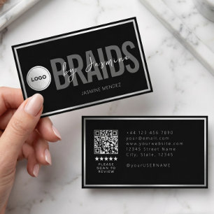 Svart & Vitt Flätningssalong QR-kod Logotyp Flätar Visitkort
