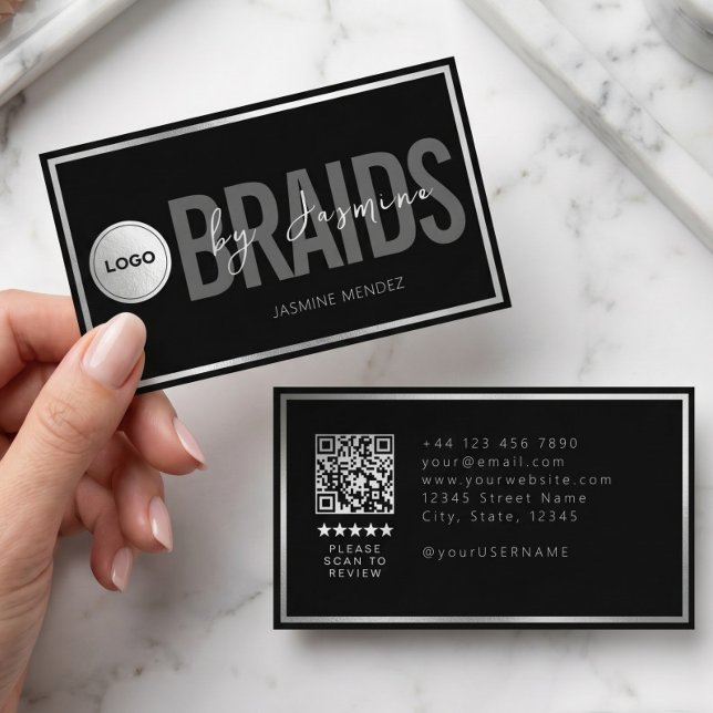 Svart & Vitt Flätningssalong QR-kod Logotyp Flätar Visitkort (Skapare uppladdad)