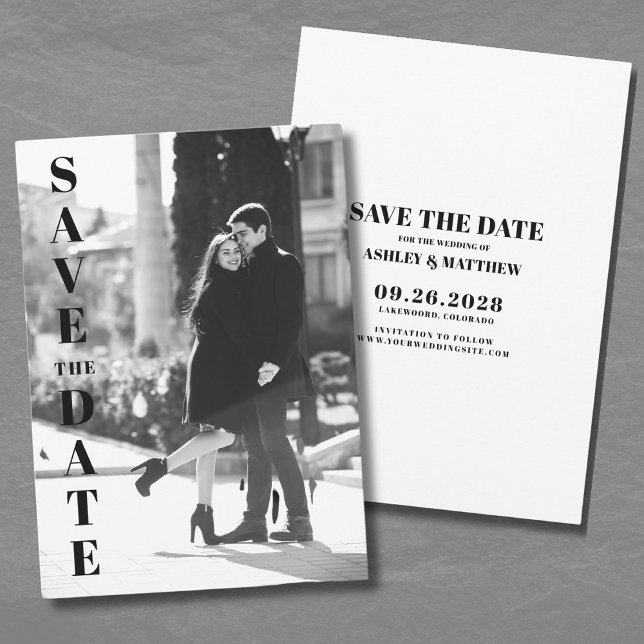Svart Vitt Foto Bröllop Spara Datum Inbjudningar (Simple Minimalist Elegant Photo Save The Date Invitation)