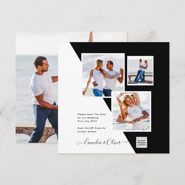 Svart Vitt Foto Bröllopsinbjudan QR-kod Spara Datu (Fram/baksida)