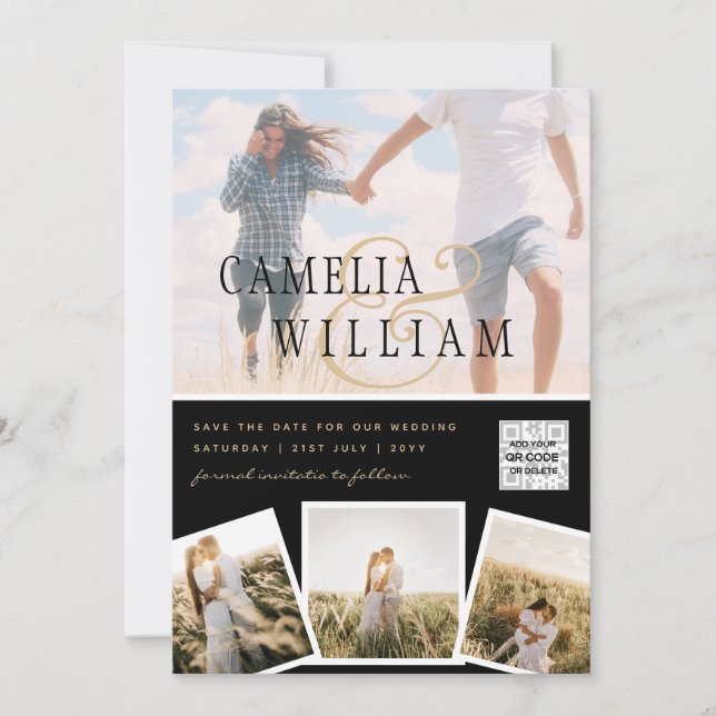 Svart Vitt FOTO Bröllopsinbjudan QR-KOD Spara Datu Inbjudningar (Framsida)