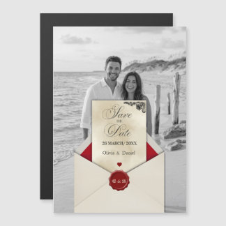 Svart & Vitt Foto Elfenbensmonogram Spara Datumet Magnetisk Inbjudningskort