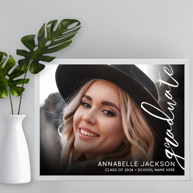 Svart Vitt Foto Examen Fest Skylt (Black White Photo Graduation Party Sign)