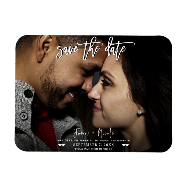 Svart & Vitt Foto Script Spara datum Bröllop  Magnet (Horisontell)