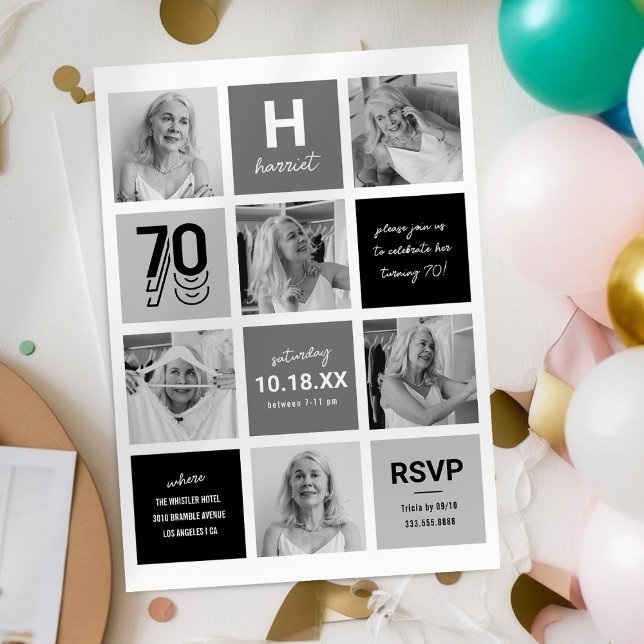 Svart Vitt Fotokollage 70-årsdag Inbjudningar (Skapare uppladdad)