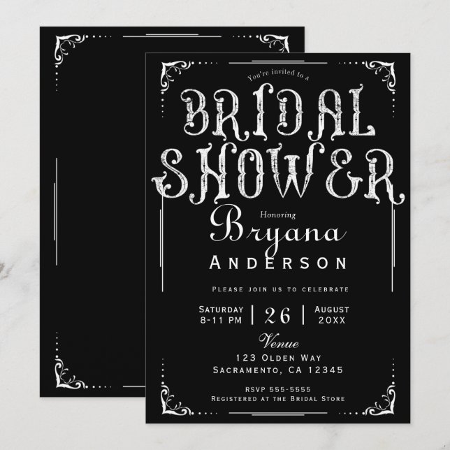 Svart & Vitt Gammalt Vintage Bröllopsfest-inbjudan Inbjudningar (Fram/baksida)