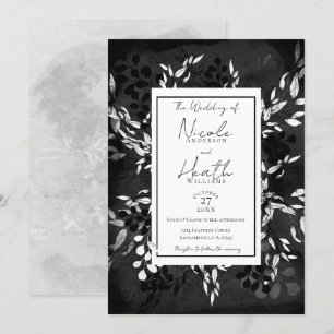 Svart Vitt Grått Modern Minimal Floral Bröllop Inbjudningar